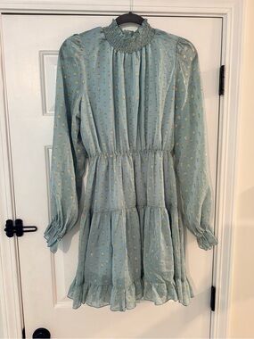 Smocked Ruffle Neck Long-Sleeve Dress in Light Blue with Gold Dots